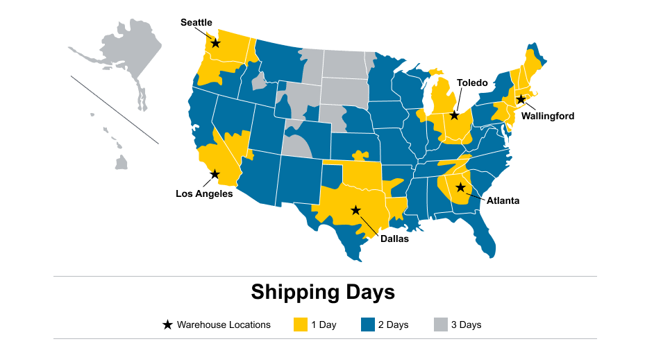 Shipping and Pickup Locations - Seattle, Los Angeles, Dallas, Toledo, Atlanta, and Wallingford