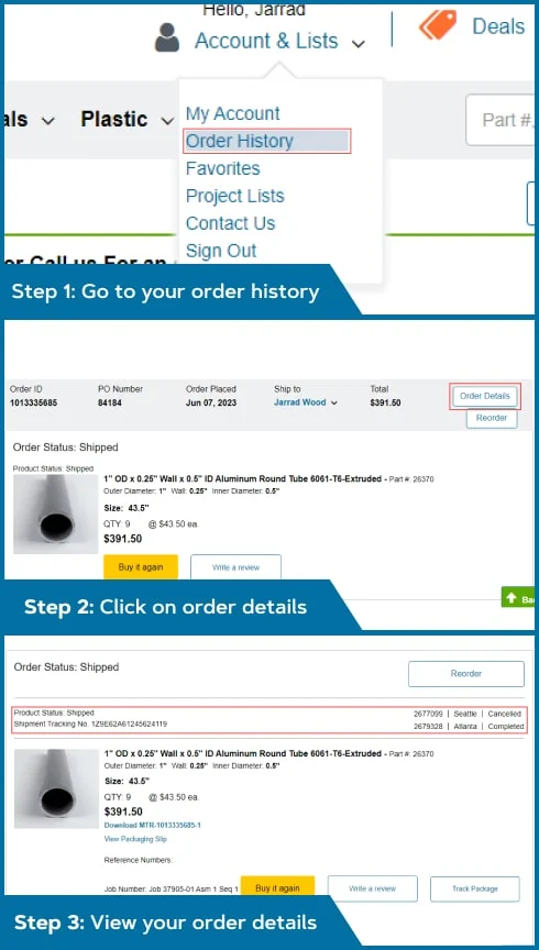 Step by step walk through showing users how to view their tracking information