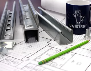 Unistrut bars and data sheets on a table