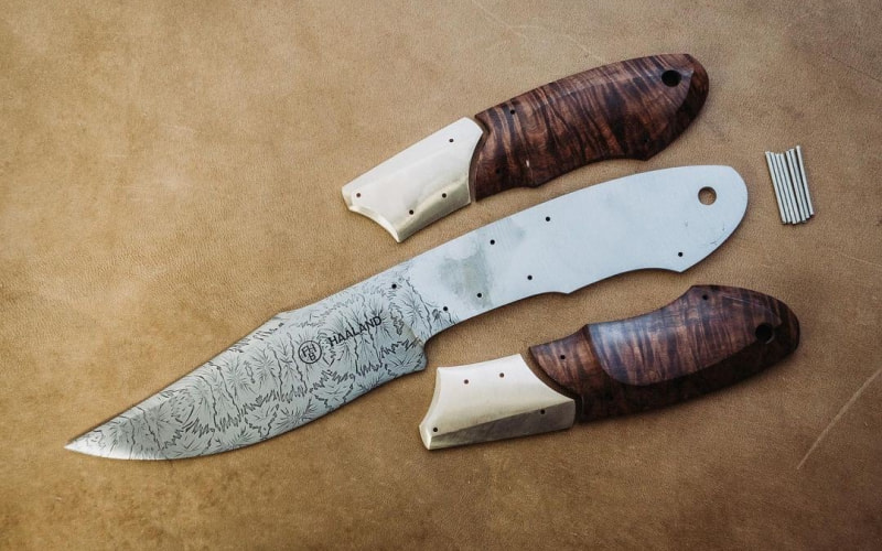 Blade with handle scales and pins next to it