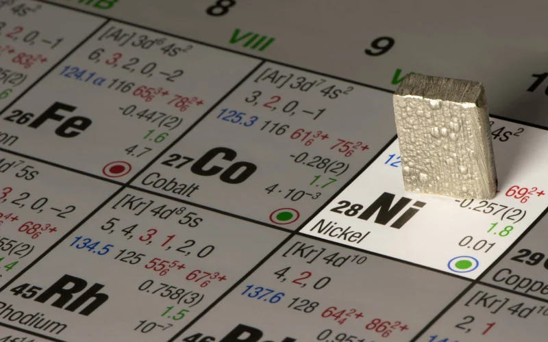 A piece of metal sitting on the nickle sqaure in the periodic table